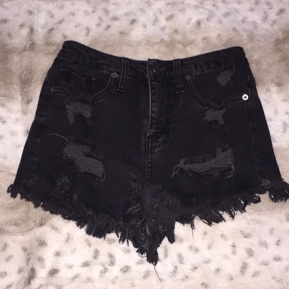 High Waisted Black Distressed Denim Shorts